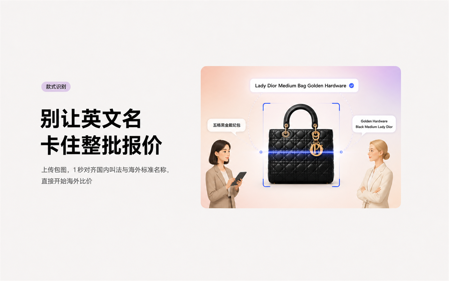 款式识别示意：黑金中号 Lady Dior 包位于扫描框内，国内叫法「五格黑金戴妃包」对应 Lady Dior Medium Bag Golden Hardware。